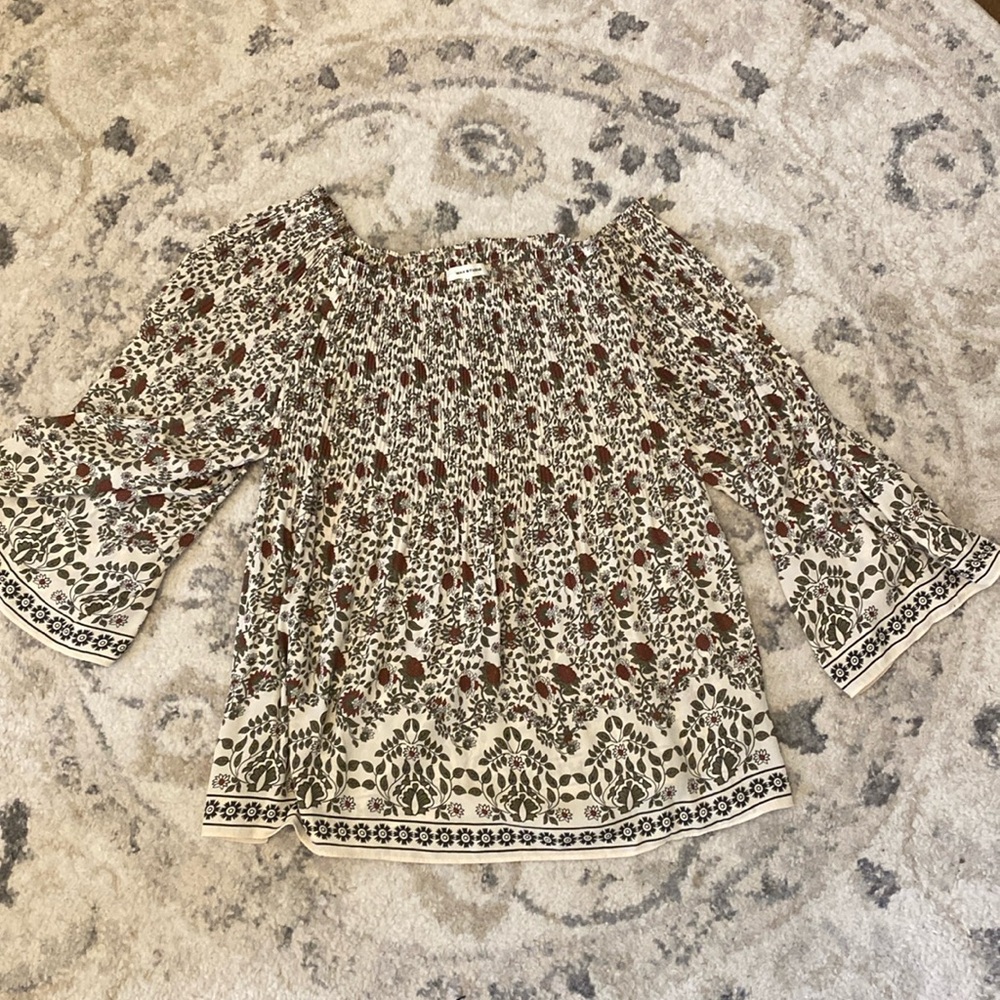 Green and Brown Floral Off-Shoulder Blouse Bell Sleeve Size M